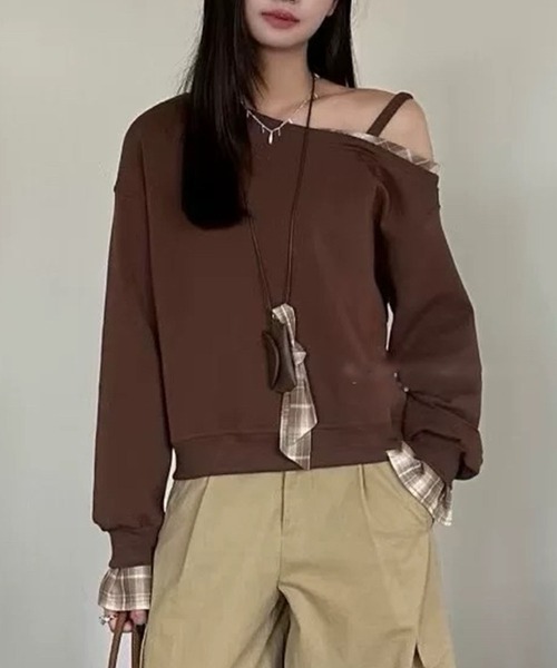 Lace Ladies(レースレディース)の「チェック リボン レイヤード風 スウェット プルオーバー(スウェット・レディース・ブラウン/ライトグレー/ネイビー/ダークグレー・FREE)」の3枚目の写真