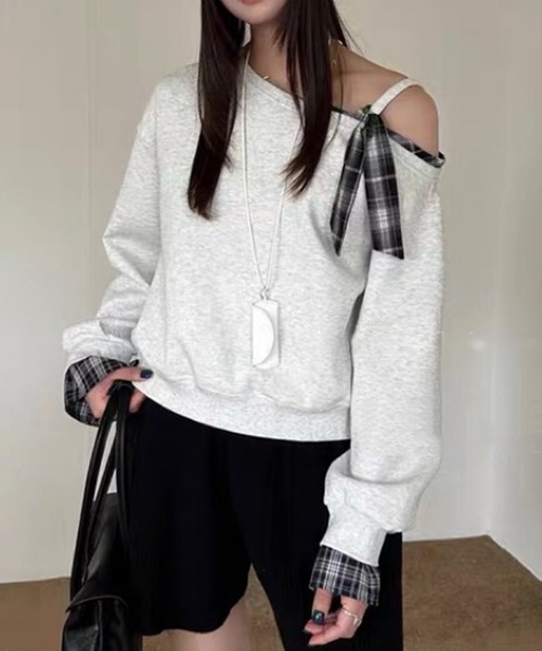 Lace Ladies(レースレディース)の「チェック リボン レイヤード風 スウェット プルオーバー(スウェット・レディース・ブラウン/ライトグレー/ネイビー/ダークグレー・FREE)」の2枚目の写真