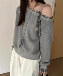 チェック リボン レイヤード風 スウェット プルオーバー