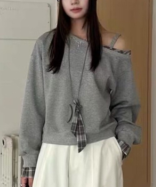 Lace Ladies(レースレディース)の「チェック リボン レイヤード風 スウェット プルオーバー(スウェット・レディース・ブラウン/ライトグレー/ネイビー/ダークグレー・FREE)」の16枚目の写真
