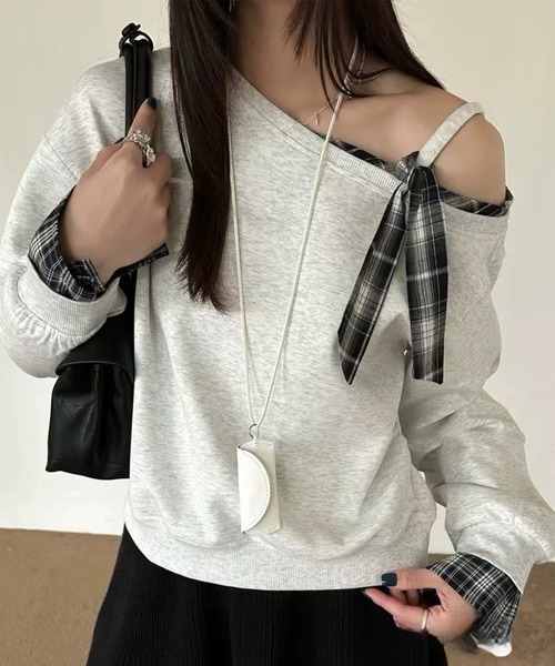 Lace Ladies(レースレディース)の「チェック リボン レイヤード風 スウェット プルオーバー(スウェット・レディース・ブラウン/ライトグレー/ネイビー/ダークグレー・FREE)」の11枚目の写真