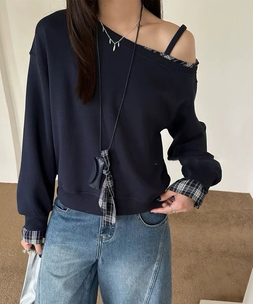 Lace Ladies(レースレディース)の「チェック リボン レイヤード風 スウェット プルオーバー(スウェット・レディース・ブラウン/ライトグレー/ネイビー/ダークグレー・FREE)」の13枚目の写真