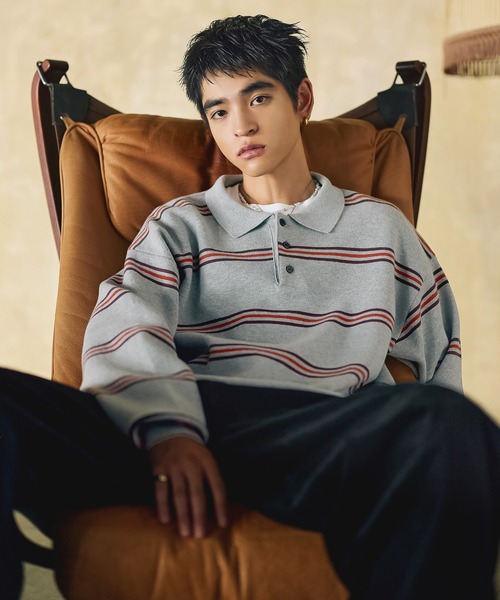 Bleme（ブレム）の「スウェットライク マルチボーダー ニットポロシャツ（ニット/セーター・メンズ・グレー/ブラウン・M/S/XL/L）」の2枚目の写真