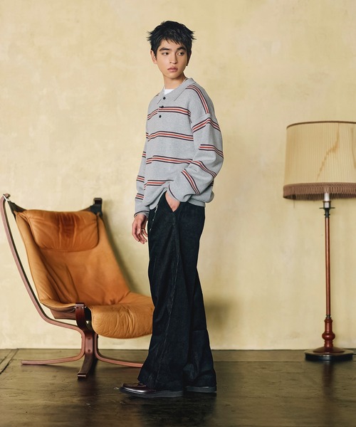 Bleme（ブレム）の「スウェットライク マルチボーダー ニットポロシャツ（ニット/セーター・メンズ・グレー/ブラウン・M/S/XL/L）」の4枚目の写真