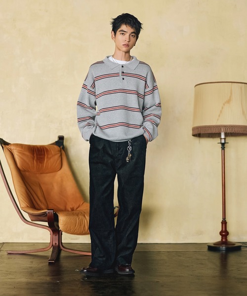 Bleme（ブレム）の「スウェットライク マルチボーダー ニットポロシャツ（ニット/セーター・メンズ・グレー/ブラウン・M/S/XL/L）」の3枚目の写真