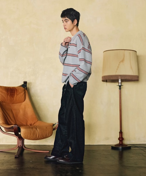 Bleme（ブレム）の「スウェットライク マルチボーダー ニットポロシャツ（ニット/セーター・メンズ・グレー/ブラウン・M/S/XL/L）」の5枚目の写真