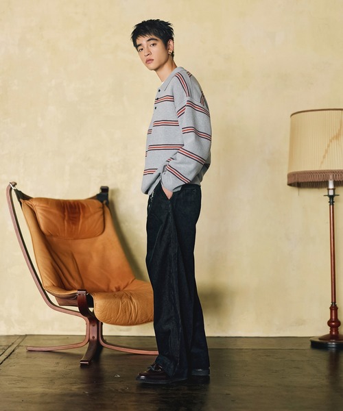 Bleme（ブレム）の「スウェットライク マルチボーダー ニットポロシャツ（ニット/セーター・メンズ・グレー/ブラウン・M/S/XL/L）」の6枚目の写真