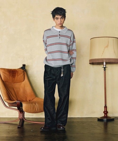 Bleme（ブレム）の「スウェットライク マルチボーダー ニットポロシャツ（ニット/セーター・メンズ・グレー/ブラウン・M/S/XL/L）」の8枚目の写真