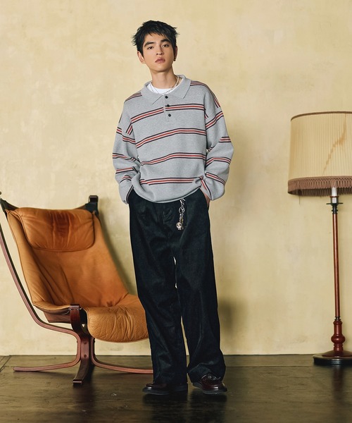 Bleme（ブレム）の「スウェットライク マルチボーダー ニットポロシャツ（ニット/セーター・メンズ・グレー/ブラウン・M/S/XL/L）」の12枚目の写真