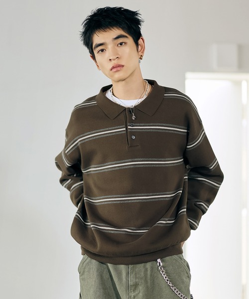 Bleme（ブレム）の「スウェットライク マルチボーダー ニットポロシャツ（ニット/セーター・メンズ・グレー/ブラウン・M/S/XL/L）」の7枚目の写真