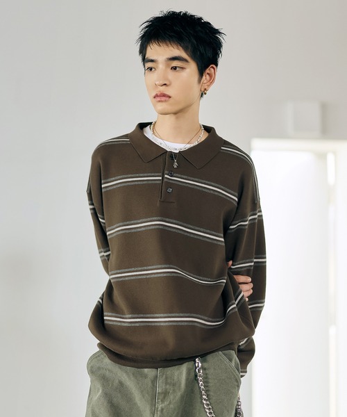 Bleme（ブレム）の「スウェットライク マルチボーダー ニットポロシャツ（ニット/セーター・メンズ・グレー/ブラウン・M/S/XL/L）」の11枚目の写真