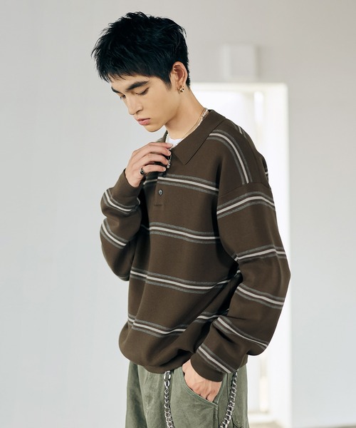 Bleme（ブレム）の「スウェットライク マルチボーダー ニットポロシャツ（ニット/セーター・メンズ・グレー/ブラウン・M/S/XL/L）」の9枚目の写真