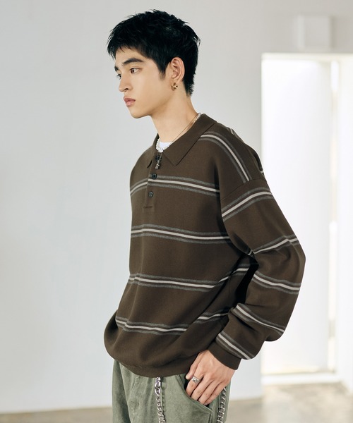 Bleme（ブレム）の「スウェットライク マルチボーダー ニットポロシャツ（ニット/セーター・メンズ・グレー/ブラウン・M/S/XL/L）」の13枚目の写真