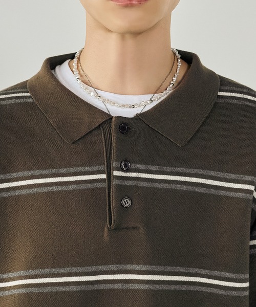 Bleme（ブレム）の「スウェットライク マルチボーダー ニットポロシャツ（ニット/セーター・メンズ・グレー/ブラウン・M/S/XL/L）」の19枚目の写真