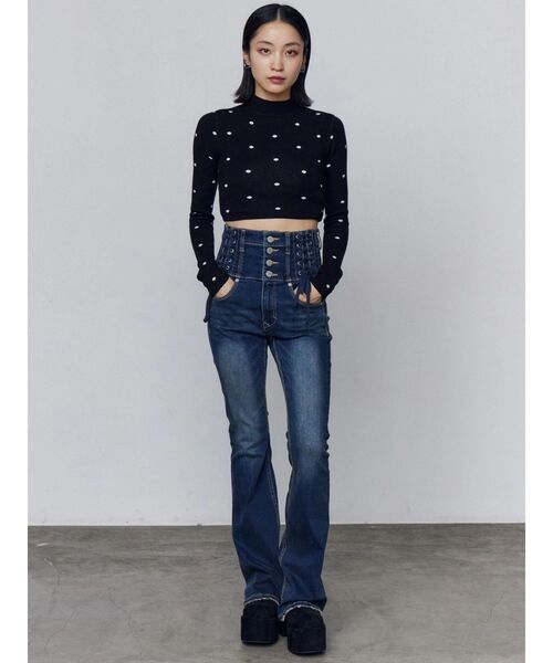 セール】スリーレースアップハイウエストフレアパギンス（デニムパンツ