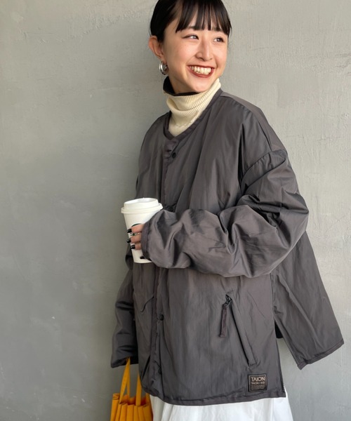 リバーシブルダウンジャケット グレー ライトカーキ TAION/タイオン] 別注 リバーシブル ライトダウンジャケット（ダウン