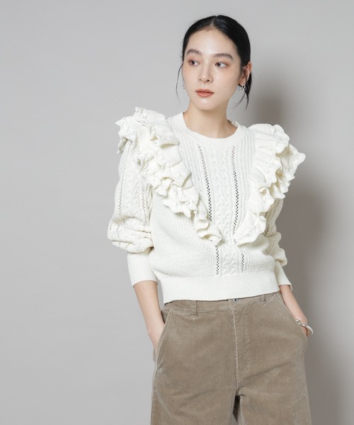 NANO universe(ナノユニバース)の「フリルケーブルニットプルオーバー(ニット/セーター・レディース・オフホワイト/ブラック・FREE)」の2枚目の写真