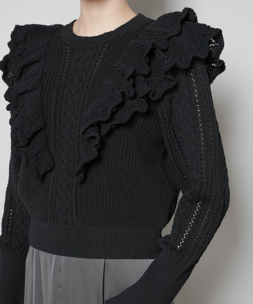 NANO universe(ナノユニバース)の「フリルケーブルニットプルオーバー(ニット/セーター・レディース・オフホワイト/ブラック・FREE)」の7枚目の写真