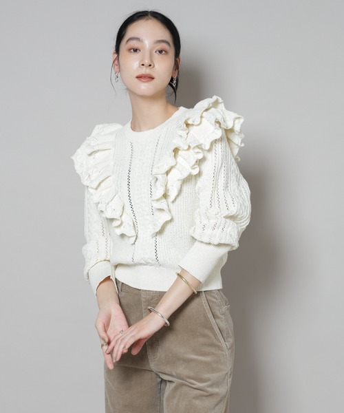 NANO universe(ナノユニバース)の「フリルケーブルニットプルオーバー(ニット/セーター・レディース・オフホワイト/ブラック・FREE)」の15枚目の写真