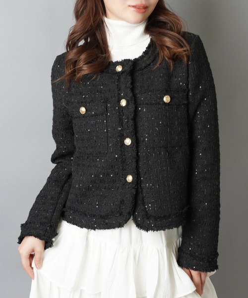 SPINNS(スピンズ)の「ノーカラーツイードジャケット(ノーカラージャケット・レディース・ホワイト/ブラック・ONESIZE)」の2枚目の写真