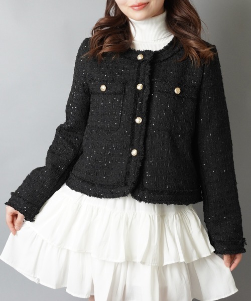 SPINNS(スピンズ)の「ノーカラーツイードジャケット(ノーカラージャケット・レディース・ホワイト/ブラック・ONESIZE)」の3枚目の写真