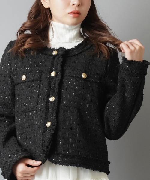 SPINNS(スピンズ)の「ノーカラーツイードジャケット(ノーカラージャケット・レディース・ホワイト/ブラック・ONESIZE)」の7枚目の写真