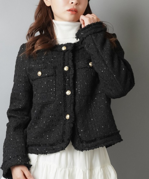 SPINNS(スピンズ)の「ノーカラーツイードジャケット(ノーカラージャケット・レディース・ホワイト/ブラック・ONESIZE)」の5枚目の写真