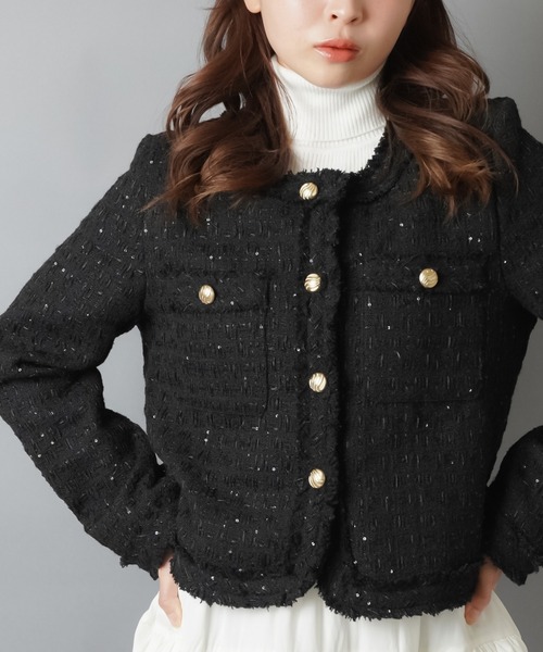 SPINNS(スピンズ)の「ノーカラーツイードジャケット(ノーカラージャケット・レディース・ホワイト/ブラック・ONESIZE)」の6枚目の写真