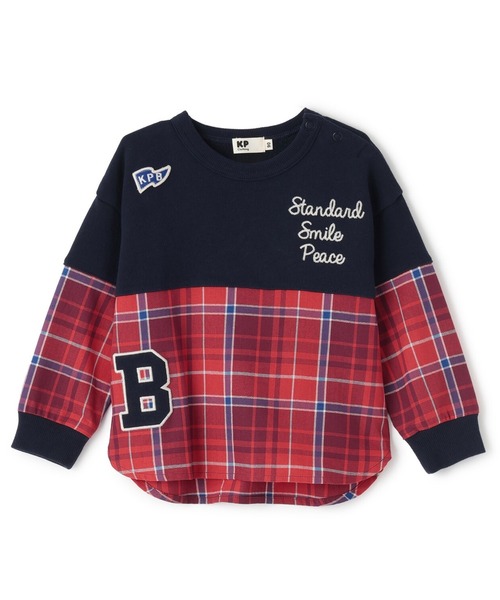 KP BOY（ケーピーボーイ）の「裏毛×ヘリンボーンチェック トレーナー（スウェット・キッズ・ネイビー/オートミール・120cm/110cm/100cm/160cm/140cm/130cm/90cm/150cm）」の2枚目の写真