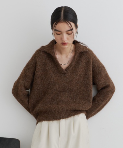 モヘアライク襟付きキーネックニットトップス（ニット/セーター