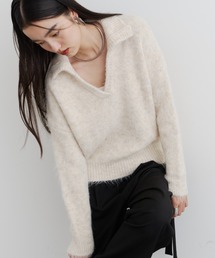 モヘアライク襟付きキーネックニットトップス
