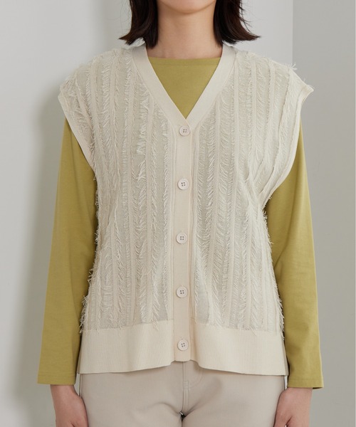 BELLUNA PLUS（ベルーナ）の「フリンジ素材ニットベスト（ニット/セーター・レディース・ブラック/アイボリー・X-LARGE/MEDIUM/LARGE）」の9枚目の写真