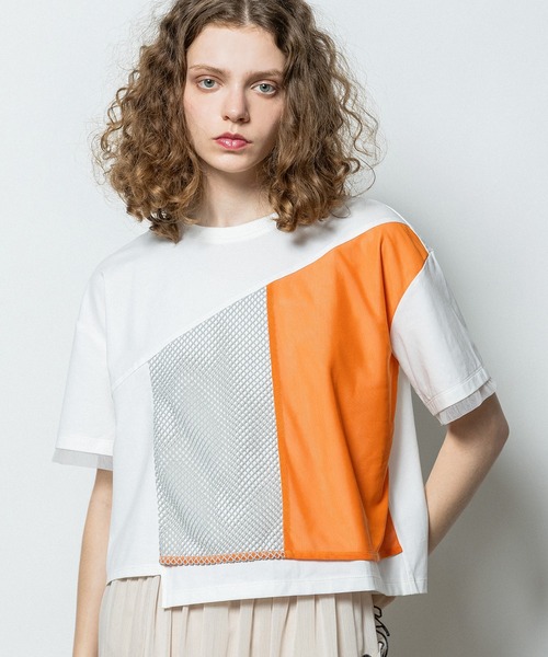 AULA AILA（アウラアイラ）の「メッシュコンビネーションTシャツ（Tシャツ/カットソー・レディース・オフホワイト/チャコールアッシュ/ブラック・0）」の2枚目の写真