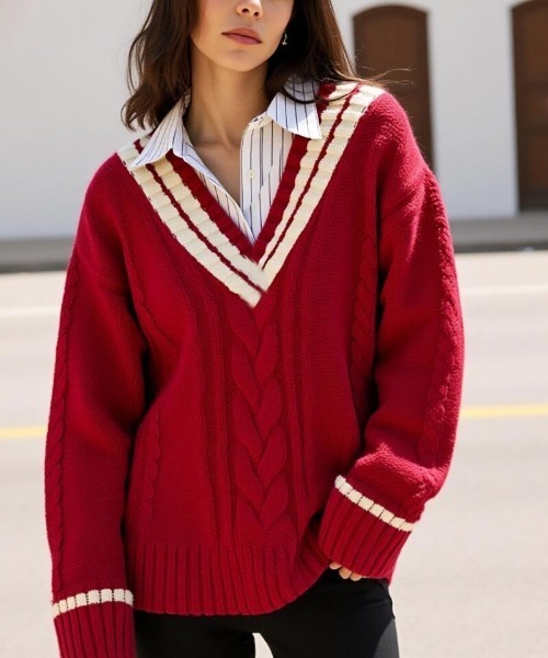 cammie(キャミー)の「Vネックラインニットトップス(ニット/セーター・レディース・レッド/ネイビー/ホワイト・F)」の3枚目の写真