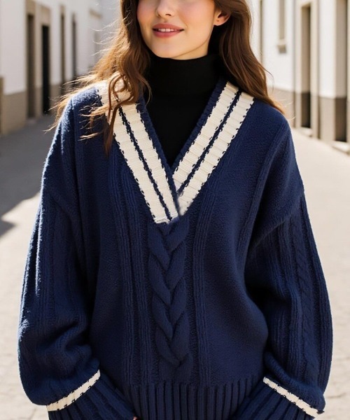 cammie(キャミー)の「Vネックラインニットトップス(ニット/セーター・レディース・レッド/ネイビー/ホワイト・F)」の10枚目の写真