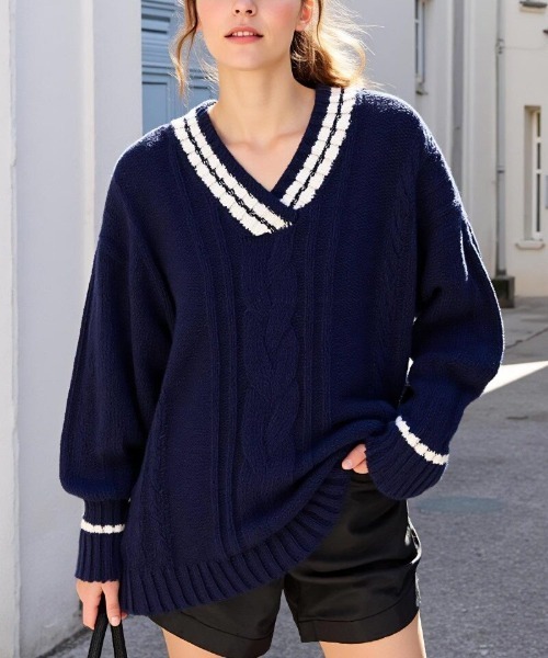 cammie(キャミー)の「Vネックラインニットトップス(ニット/セーター・レディース・レッド/ネイビー/ホワイト・F)」の8枚目の写真