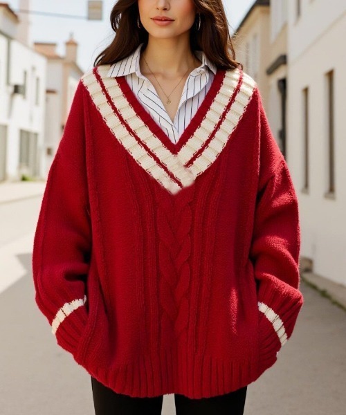 cammie(キャミー)の「Vネックラインニットトップス(ニット/セーター・レディース・レッド/ネイビー/ホワイト・F)」の12枚目の写真
