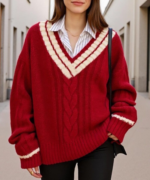 cammie(キャミー)の「Vネックラインニットトップス(ニット/セーター・レディース・レッド/ネイビー/ホワイト・F)」の13枚目の写真