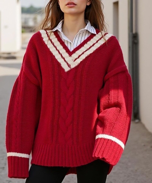 cammie(キャミー)の「Vネックラインニットトップス(ニット/セーター・レディース・レッド/ネイビー/ホワイト・F)」の14枚目の写真