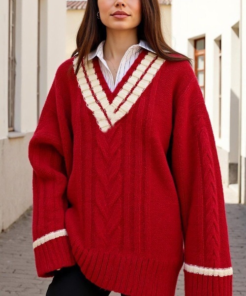 cammie(キャミー)の「Vネックラインニットトップス(ニット/セーター・レディース・レッド/ネイビー/ホワイト・F)」の15枚目の写真