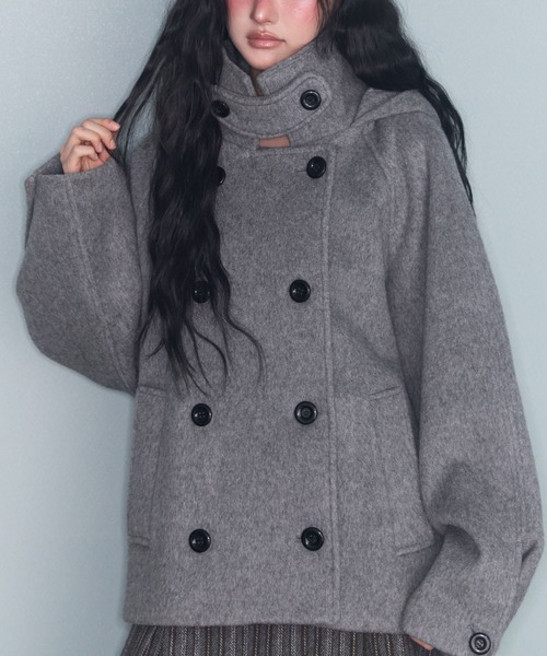 セール】フード付きダブルブレストメルトンジャケット（ピーコート