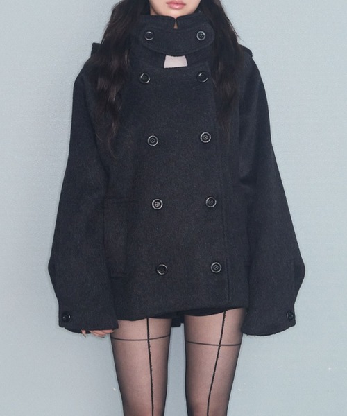 セール】フード付きダブルブレストメルトンジャケット（ピーコート