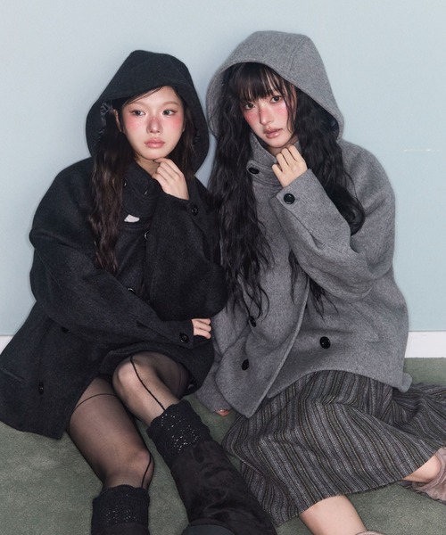 セール】フード付きダブルブレストメルトンジャケット（ピーコート