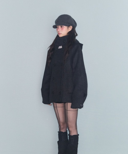 セール】フード付きダブルブレストメルトンジャケット（ピーコート