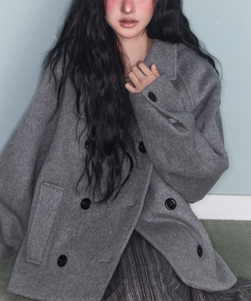 セール】フード付きダブルブレストメルトンジャケット（ピーコート