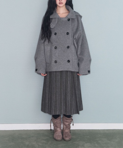 セール】フード付きダブルブレストメルトンジャケット（ピーコート