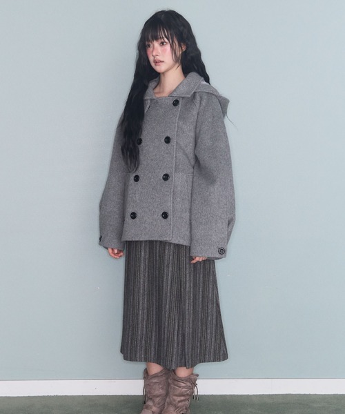 セール】フード付きダブルブレストメルトンジャケット（ピーコート