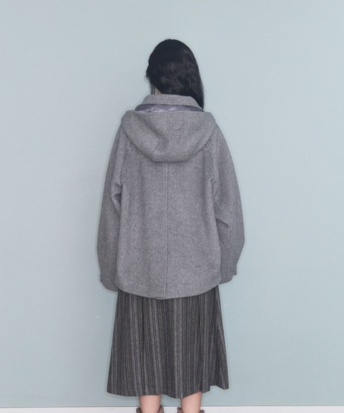 Hugyourskin グレー ダブルブレスト フード付きピーコート セール】フード付きダブルブレストメルトンジャケット（ピーコート