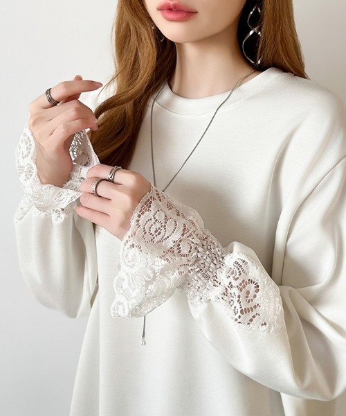 セール】チュニックレーストップス レース切り替え オーバーサイズ