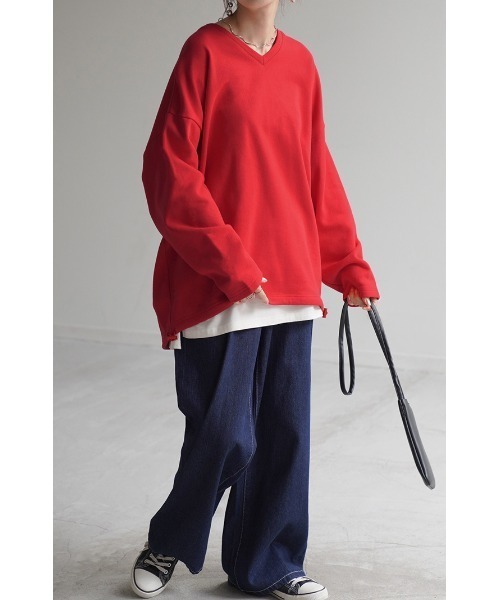HUG.U(ハグユー)の「「 Tシャツ以上の満足感 」 綿100% Vネックスウェット(スウェット・レディース・ブラック/アイボリー/カーキ/ライトグレー/レッド/ホワイト/グレイッシュブルー・FREE)」の10枚目の写真